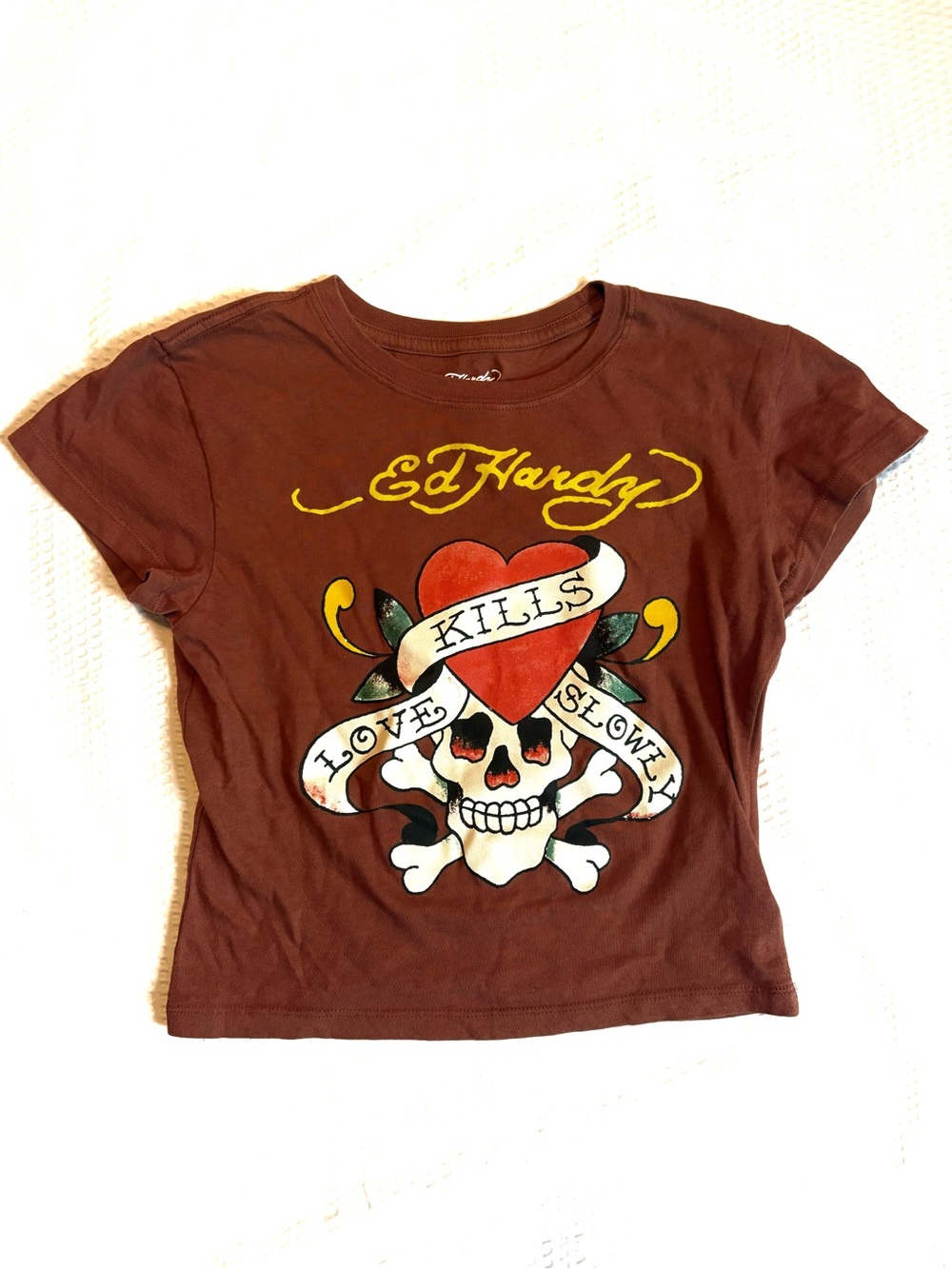 Ed Hardy Brown Graphic Tee - Heart & Skulls - Med - Crop Top - Baby Tee